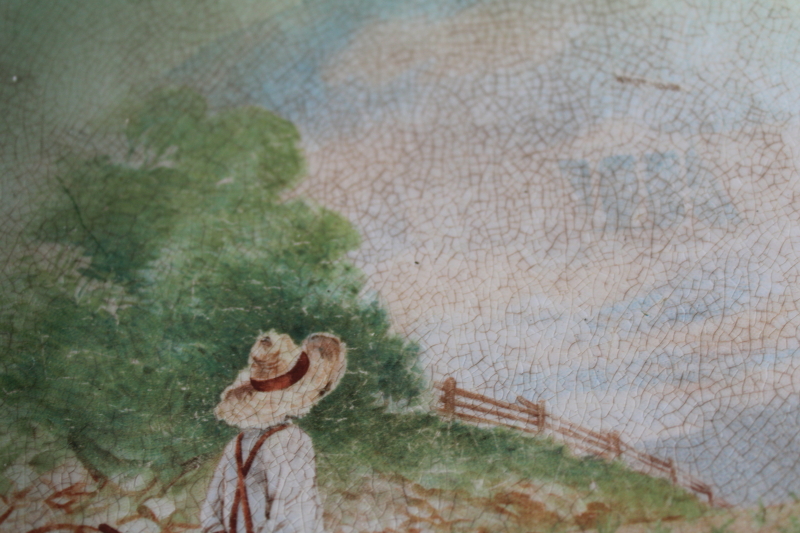 photo of antique early 1900s vintage brown stained china plate, farm boy in cornfield scene  #4