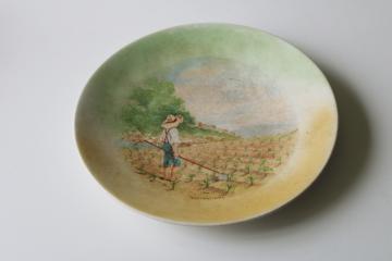 catalog photo of antique early 1900s vintage brown stained china plate, farm boy in cornfield scene 