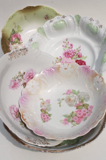 photo of antique early 1900s vintage china serving bowls w/ hand painted flowers, pink roses #1