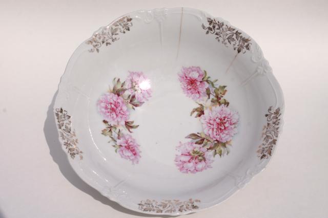 photo of antique early 1900s vintage china serving bowls w/ hand painted flowers, pink roses #3