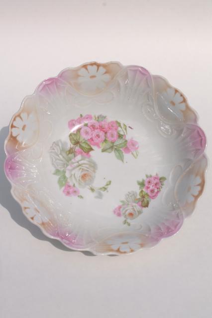 photo of antique early 1900s vintage china serving bowls w/ hand painted flowers, pink roses #10