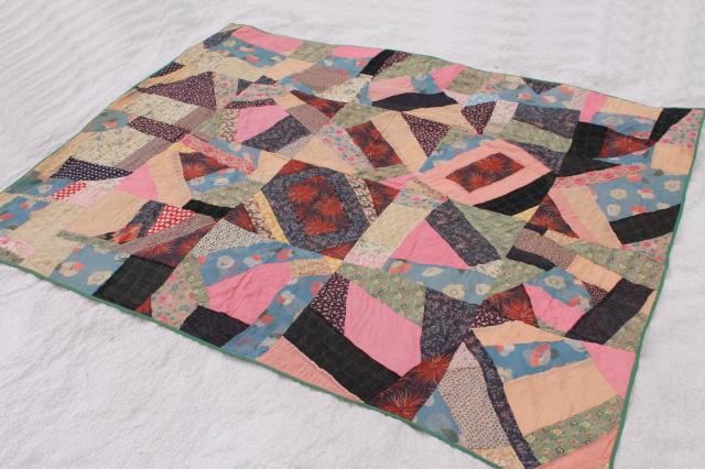 photo of antique early 1900s vintage crazy quilt w/ hand stitched patchwork & embroidery #1