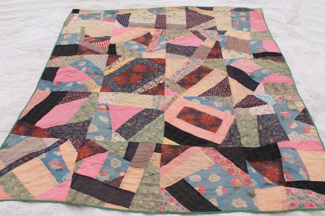 photo of antique early 1900s vintage crazy quilt w/ hand stitched patchwork & embroidery #7