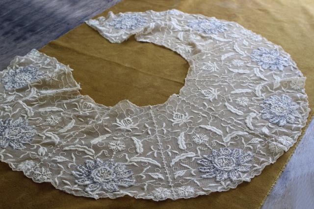 photo of antique early 1900s vintage embroidered net lace shawl collar w/ hand beaded silver flowers #1