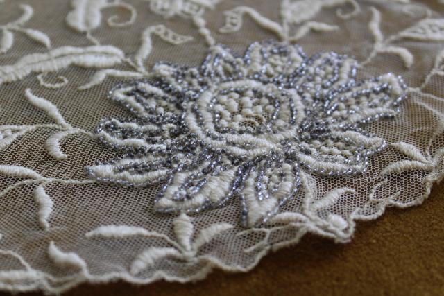 photo of antique early 1900s vintage embroidered net lace shawl collar w/ hand beaded silver flowers #3