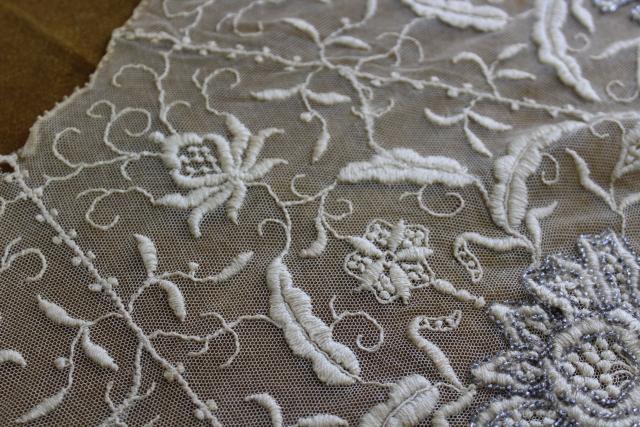 photo of antique early 1900s vintage embroidered net lace shawl collar w/ hand beaded silver flowers #4