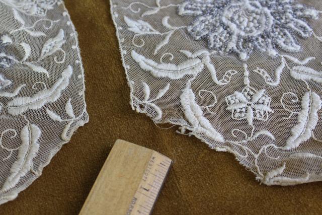 photo of antique early 1900s vintage embroidered net lace shawl collar w/ hand beaded silver flowers #6