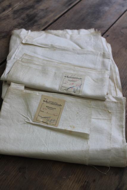 photo of antique early 1900s vintage fabric, pure linen remnants w/ old paper labels #1