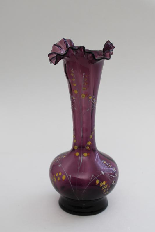 photo of antique early 1900s vintage hand blown amethyst glass vase w/ painted enamel flowers #1