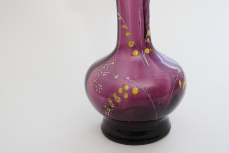 photo of antique early 1900s vintage hand blown amethyst glass vase w/ painted enamel flowers #2