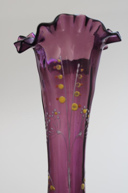 photo of antique early 1900s vintage hand blown amethyst glass vase w/ painted enamel flowers #6
