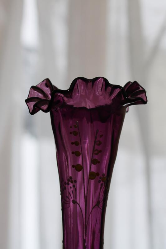 photo of antique early 1900s vintage hand blown amethyst glass vase w/ painted enamel flowers #7