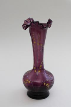 catalog photo of antique early 1900s vintage hand blown amethyst glass vase w/ painted enamel flowers