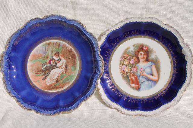 photo of antique early 1900s vintage painted plates, romantic scene & portrait of a lady #1