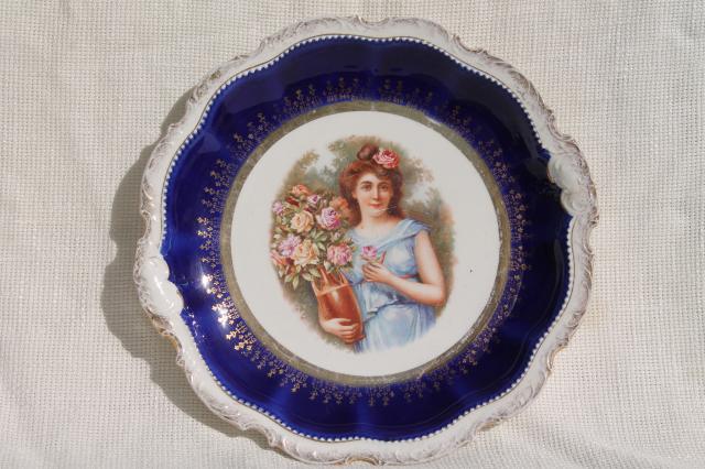 photo of antique early 1900s vintage painted plates, romantic scene & portrait of a lady #3