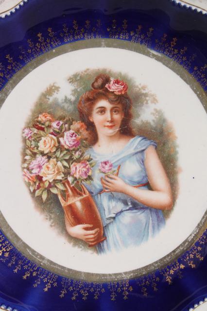 photo of antique early 1900s vintage painted plates, romantic scene & portrait of a lady #4