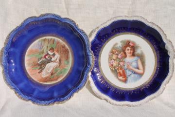 catalog photo of antique early 1900s vintage painted plates, romantic scene & portrait of a lady