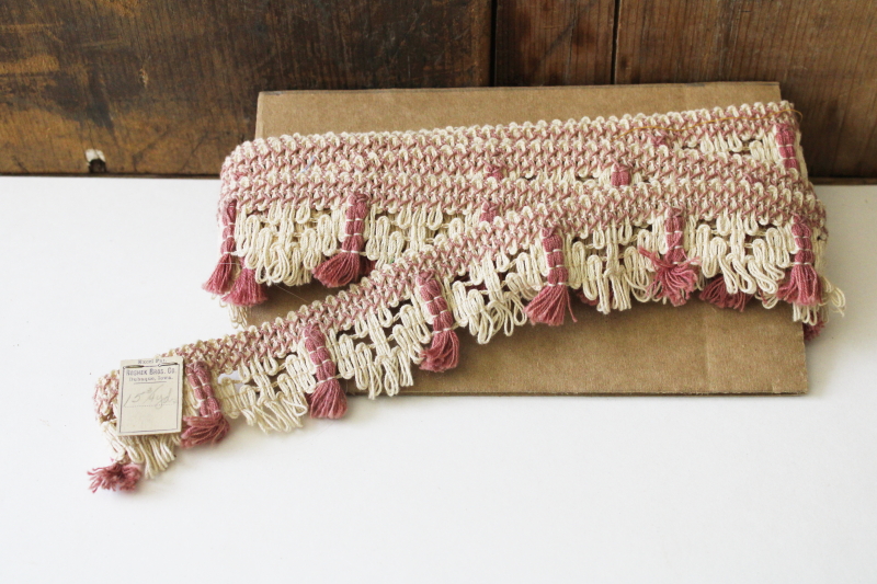 photo of antique early 1900s vintage sewing trim, cotton fringe wide braid ecru & old rose pink  #1