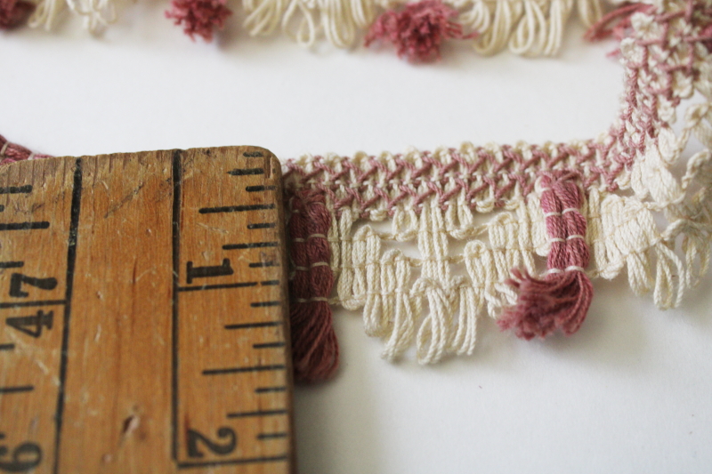 photo of antique early 1900s vintage sewing trim, cotton fringe wide braid ecru & old rose pink  #3