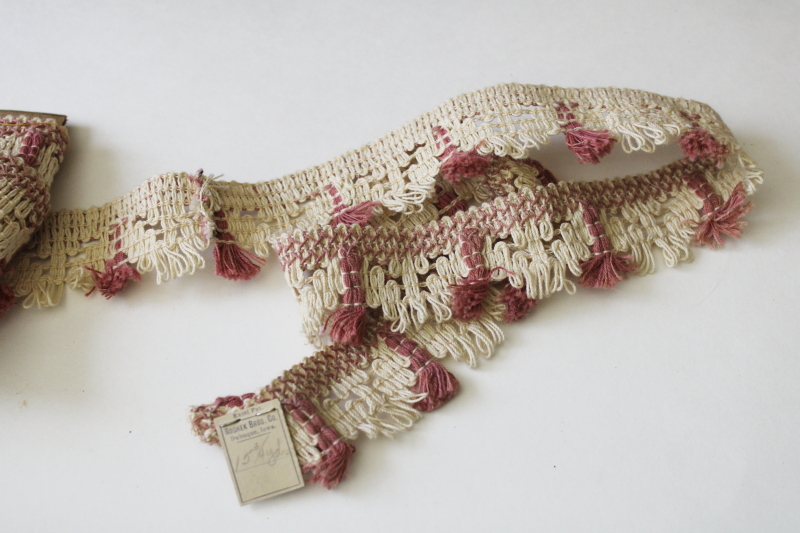 photo of antique early 1900s vintage sewing trim, cotton fringe wide braid ecru & old rose pink  #4
