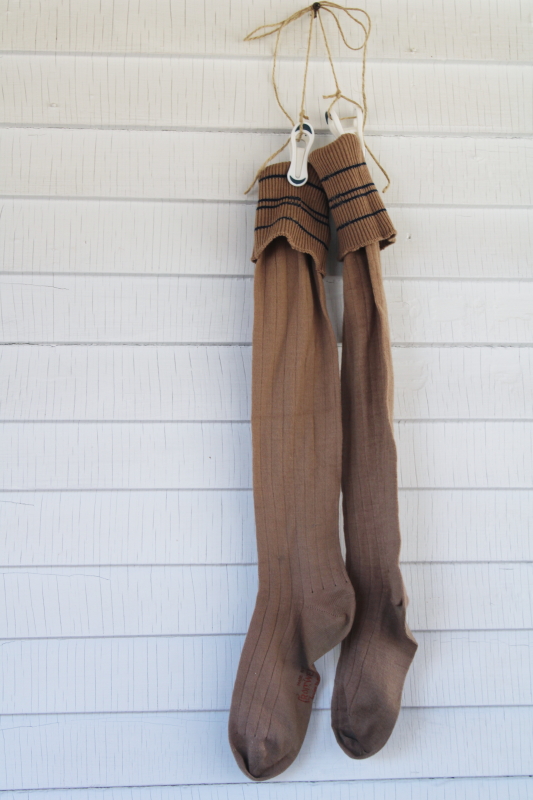 photo of antique early 1900s vintage wool socks, tall long stockings tan w/ blue, rustic primitive holiday decor #1