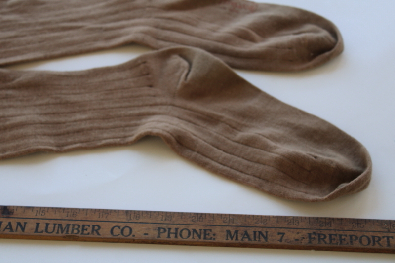 photo of antique early 1900s vintage wool socks, tall long stockings tan w/ blue, rustic primitive holiday decor #5