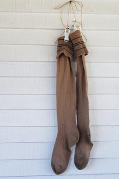 catalog photo of antique early 1900s vintage wool socks, tall long stockings tan w/ blue, rustic primitive holiday decor