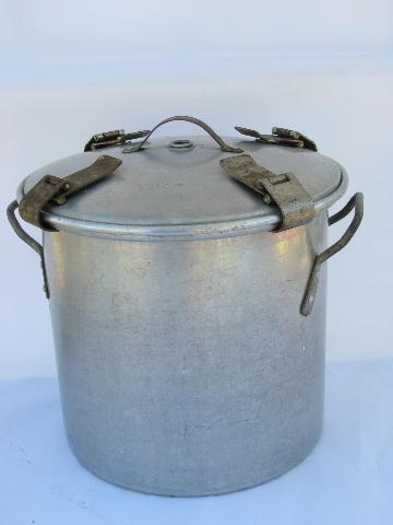 photo of antique early aluminum camping pot & lid w/1910 patent date #1