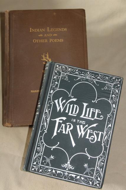 photo of antique & early century books w/embossed art bindings, rustic western camp decor #1