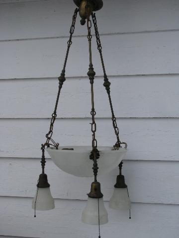 photo of antique early electric brass pendant light, glass dome & shades, vintage lighting #1