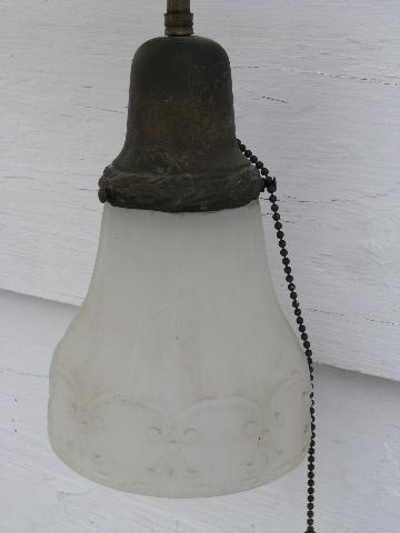 photo of antique early electric brass pendant light, glass dome & shades, vintage lighting #5