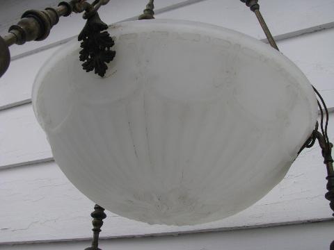 photo of antique early electric brass pendant light, glass dome & shades, vintage lighting #7