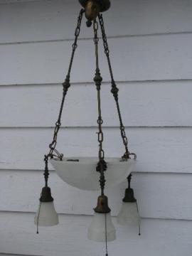 catalog photo of antique early electric brass pendant light, glass dome & shades, vintage lighting