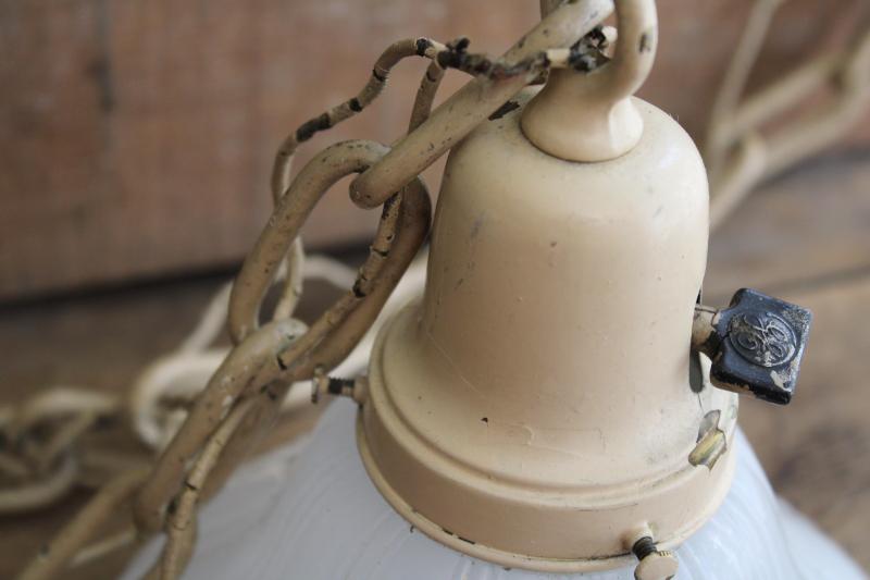 photo of antique early electric pendant chain light fixture w/ white opalescent milk glass shade #2