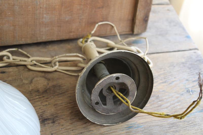 photo of antique early electric pendant chain light fixture w/ white opalescent milk glass shade #4