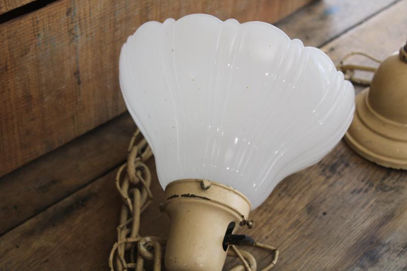 photo of antique early electric pendant chain light fixture w/ white opalescent milk glass shade #7