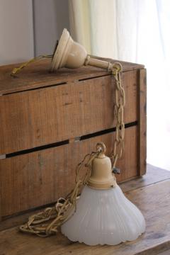 catalog photo of antique early electric pendant chain light fixture w/ white opalescent milk glass shade