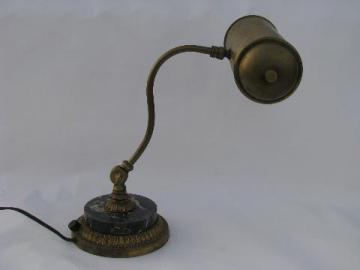 catalog photo of antique early electric vintage banker's desk light, old black marble lamp base