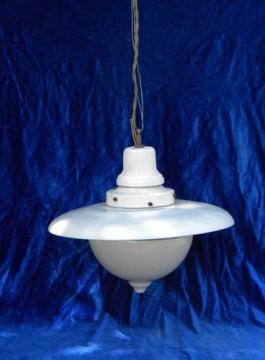 catalog photo of antique early industrial vintage, Denzar pendant light w/glass reflector shade