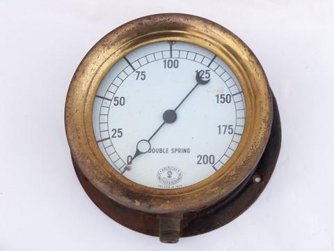 photo of antique early industrial vintage, brass & iron steam boiler pressure gauge w/1924 patent date #1