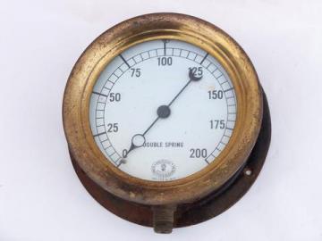 catalog photo of antique early industrial vintage, brass & iron steam boiler pressure gauge w/1924 patent date