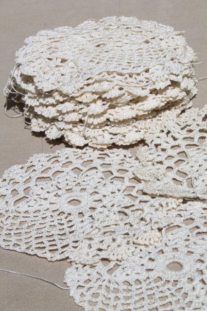 photo of antique ecru cotton crochet lace doilies, large lot vintage crocheted star flower motifs #1