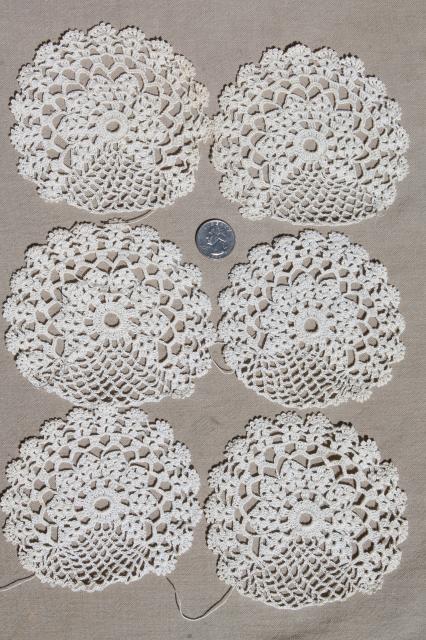 photo of antique ecru cotton crochet lace doilies, large lot vintage crocheted star flower motifs #3