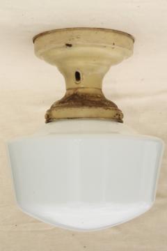 catalog photo of antique electric ceiling fixture light with industrial / schoolhouse milk glass lamp shade