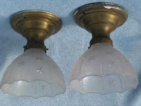 photo of antique electric ceiling light fixtures, solid brass w/ old etched glass shades #1