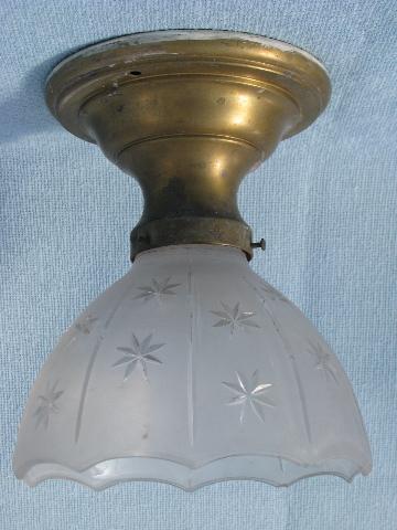 photo of antique electric ceiling light fixtures, solid brass w/ old etched glass shades #2