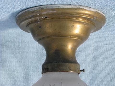 photo of antique electric ceiling light fixtures, solid brass w/ old etched glass shades #3