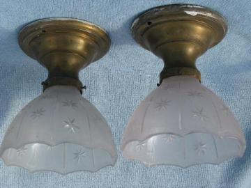 catalog photo of antique electric ceiling light fixtures, solid brass w/ old etched glass shades