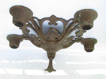 catalog photo of antique electric ceiling light or hanging lamp, ornate cast metal, circa 1910