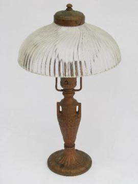 catalog photo of antique electric desk lamp, ornate cast iron w/ vintage prismatic glass shade